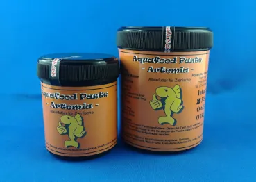 Aquafood Paste Artemia in 2 verpackungsgrößen, sicher abgefüllt in Dosen zum wiederverschließen.