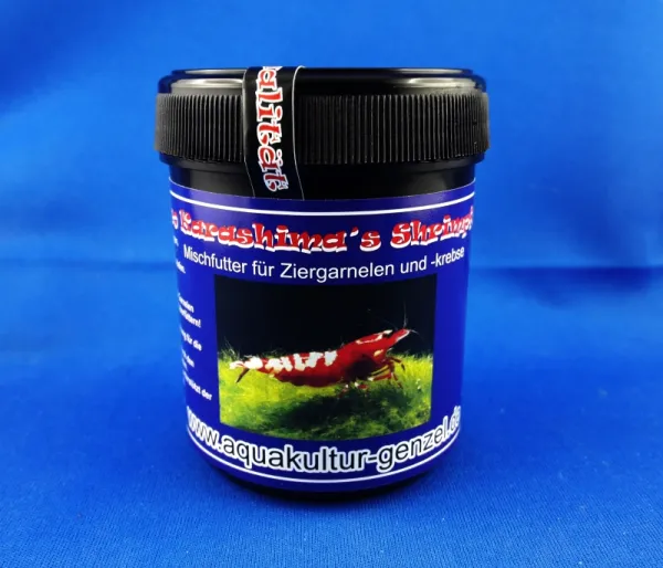 Hiro Karashimas Garnelenfutter in einer Dose mit Garnele als praktische Futterdose des Premiumfutters Hiro Karashimas Garnelenfutter in einer Dose mit Garnele als praktische Futterdose des Premiumfutters