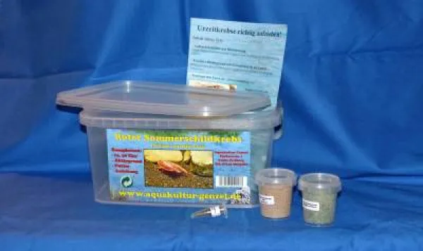Komplettes Anzucht Set für den roten Sommerschildkrebs den Triops in rot. Bestehend aus Eimer, Futter, Anleitung, Eier und Bodengrund Komplettes Anzucht Set für den roten Sommerschildkrebs den Triops in rot. Bestehend aus Eimer, Futter, Anleitung, Eier und Bodengrund